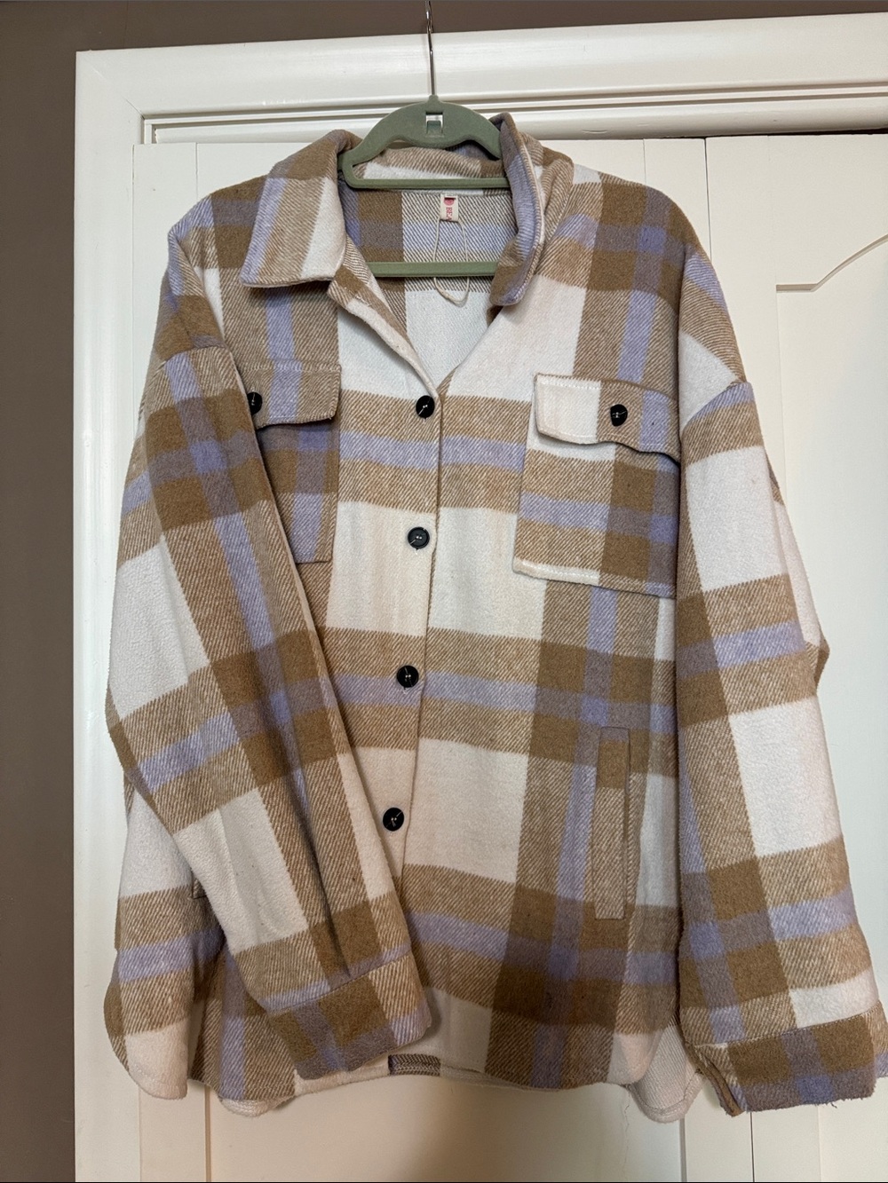 Plaid Utility Shacket Jacket in Cream, Taupe & Lavender - Women